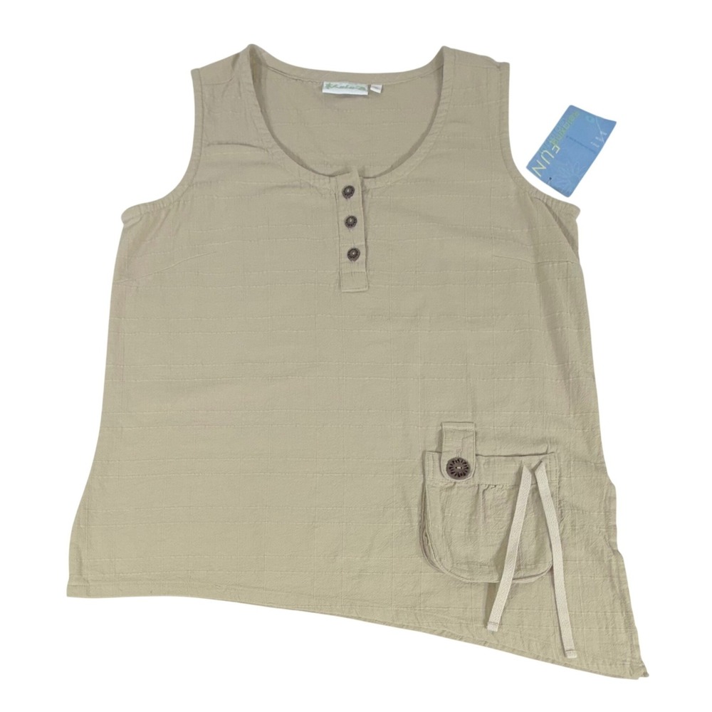 Lulu-B Tank Top Small Khaki Beige Cotton Henley Asymmetrical Cargo Pocket NWT